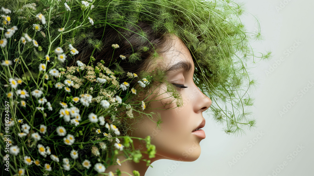 woman with grass and flowers in her hair, head tilted back, white background, conveying tranquility and peace with nature woman with grass and flowers in her hair, head tilted back, white background, conveying tranquility and peace with nature