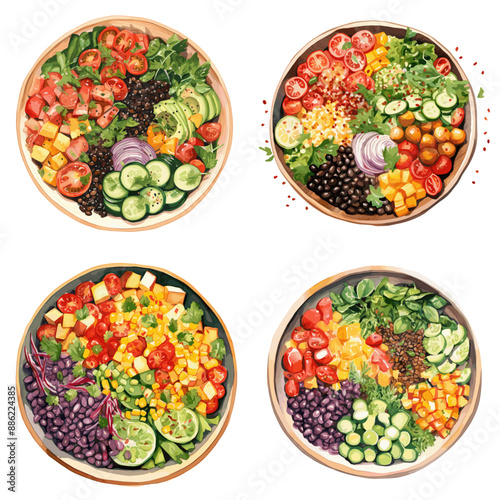 Four different bowls of food, each with a different combination of vegetables