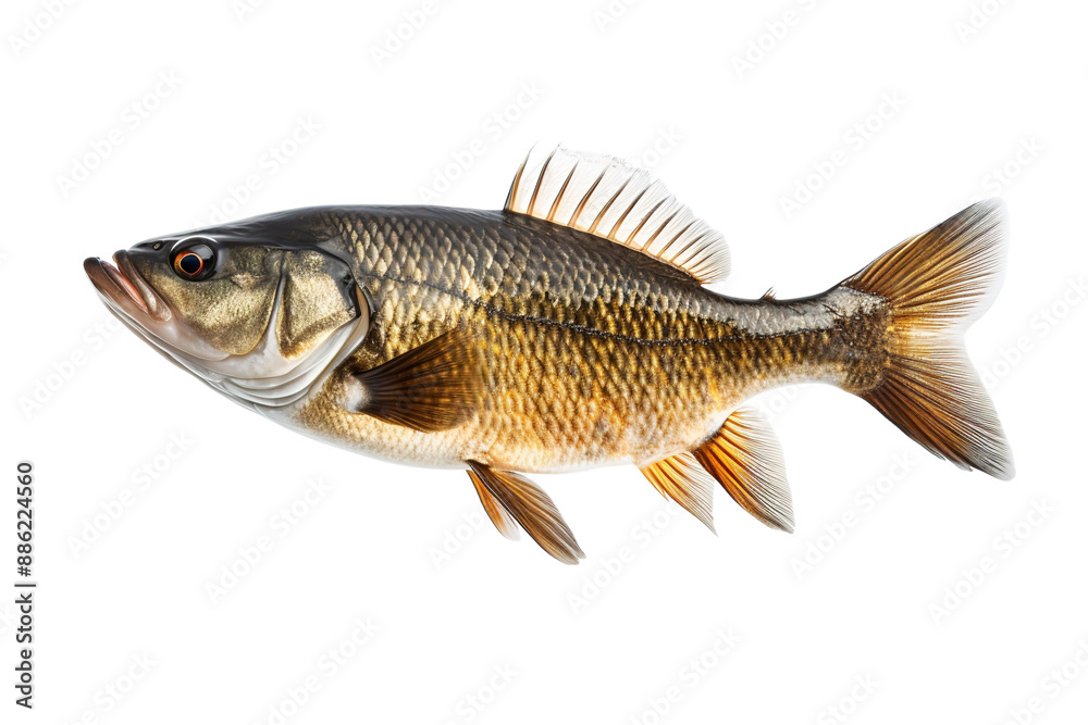 A Single Black Bass Swims Against a White Background on a White or Clear Surface PNG Transparent Background. A Single Black Bass Swims Against a White Background on a White or Clear Surface PNG Transparent Background.