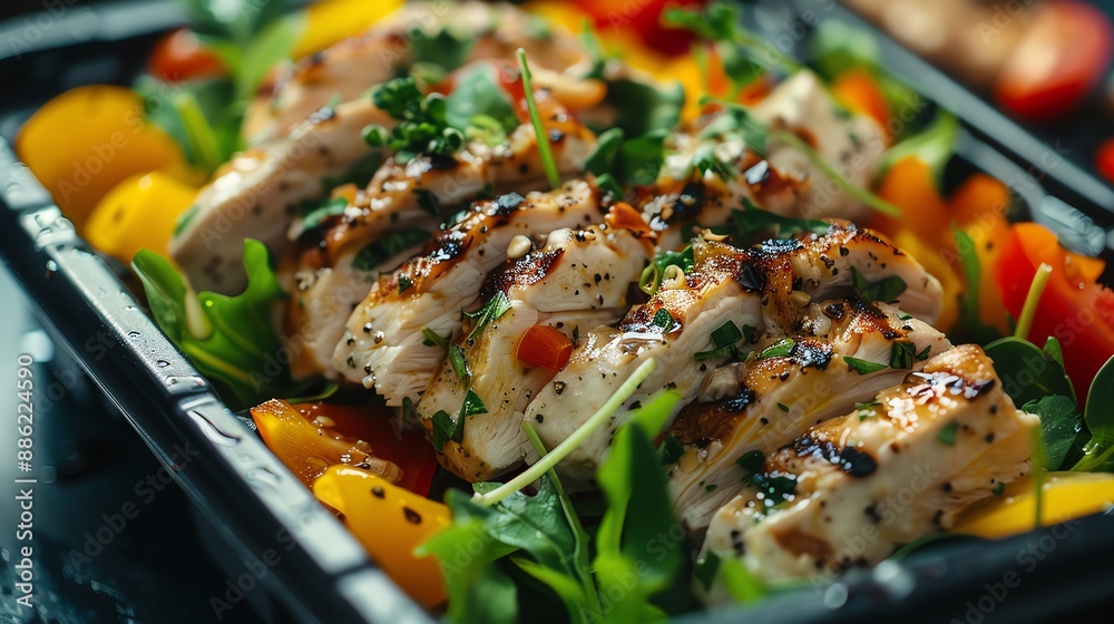 Grilled chicken salad with fresh vegetables and herbs. Grilled chicken salad with fresh vegetables and herbs.