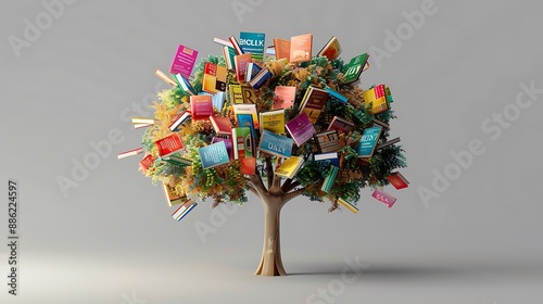 3D tree with vibrant books as leaves each leaf unique book cover on solid light grey background. The image captures the spirit of International Literacy Day.