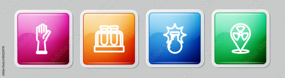 Set line Medical rubber gloves, Test tube and flask, Chemical explosion and Radioactive in location. Colorful square button. Vector Set line Medical rubber gloves, Test tube and flask, Chemical explosion and Radioactive in location. Colorful square button. Vector