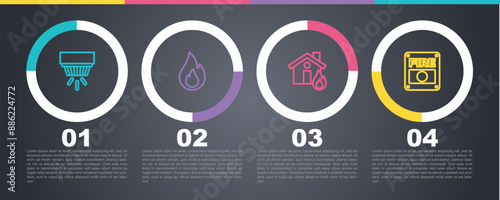 Set line Smoke alarm system, Fire flame, in burning house and . Business infographic template. Vector