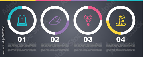 Set line Tombstone with RIP written, Moon and stars, Psilocybin mushroom and Zombie hand. Business infographic template. Vector