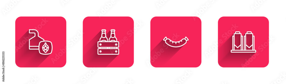 Set line Beer brewing process, Pack of beer bottles, Sausage and with long shadow. Red square button. Vector