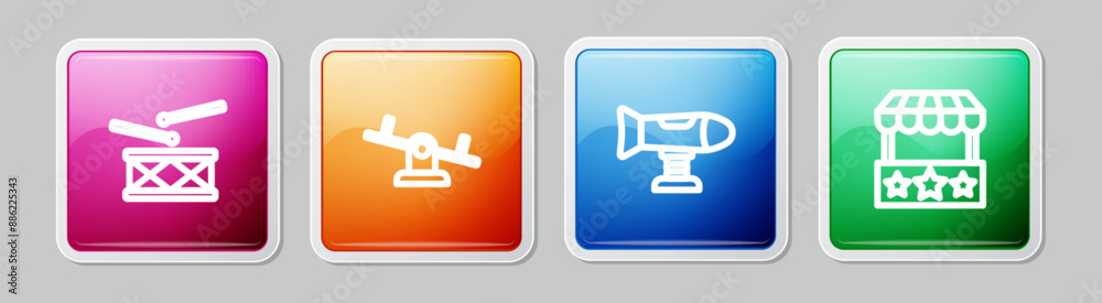 Set line Drum with drum sticks, Seesaw, Swing plane and Ticket box office. Colorful square button. Vector Set line Drum with drum sticks, Seesaw, Swing plane and Ticket box office. Colorful square button. Vector