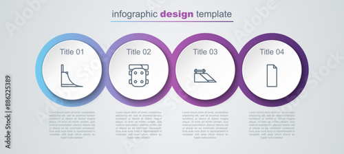 Set line Skate park, Knee pads, and Grip tape on skateboard. Business infographic template. Vector