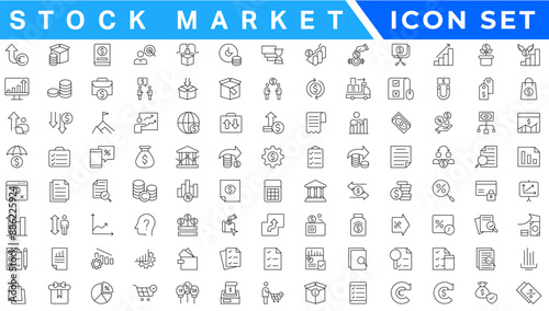 Stock market icon set. Containing stocks, stock exchange, financial goal, shares, investment, bull market, bear market and investment icons. Solid icon collection. Vector illustration