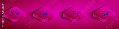 Set Isometric line Easter egg, Christian cross in heart, Burning candle candlestick and Church bell icon. Vector