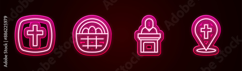 Set line Christian cross, Basket with easter eggs, Church pastor preaching and Location church building. Glowing neon icon. Vector