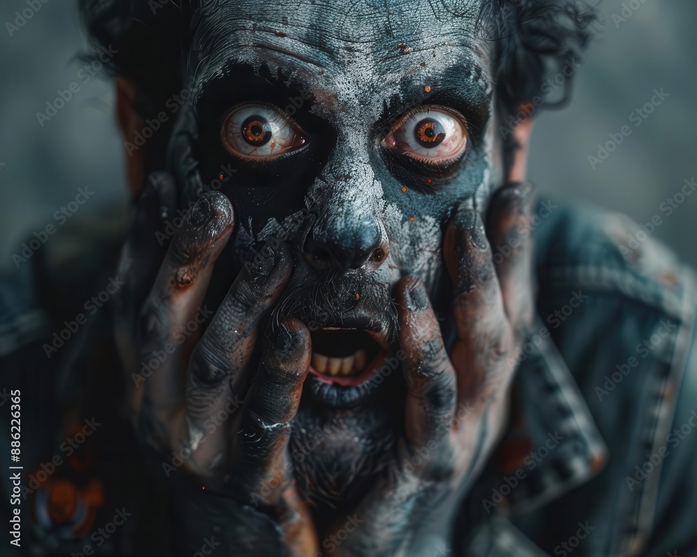 A portrait of a horrified man in Halloween face paint, clutching his face in terror, perfect for eerie subjects. A portrait of a horrified man in Halloween face paint, clutching his face in terror, perfect for eerie subjects.