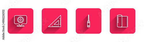 Set line Location tailor shop, Triangular ruler, Awl tool and Textile fabric roll with long shadow. Red square button. Vector