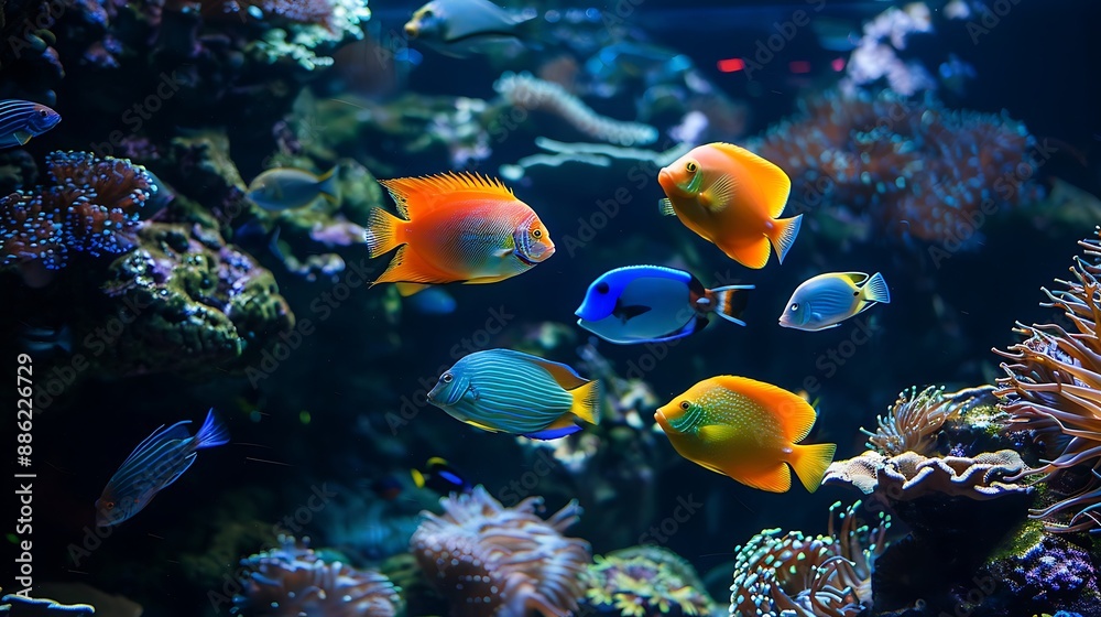 Fototapeta premium Colorful sea underwater fish in coral reef Aquarium with panoramic view of tropical sea natural landscape. AI generated