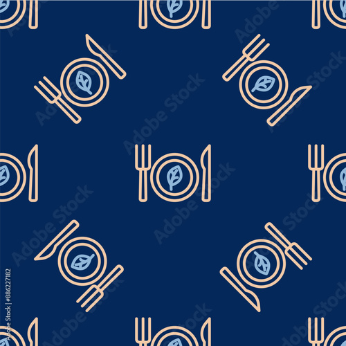 Line Vegan food diet icon isolated seamless pattern on blue background. Organic, bio, eco symbol. Vegan, no meat, lactose free, healthy, fresh and nonviolent food. Vector