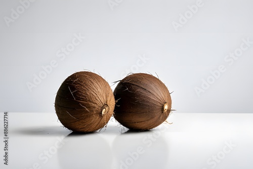 Macro photograph of ripe coconut on stark white background. Fresh tropical fruit detail