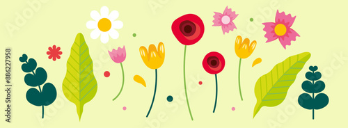 Série de plantes et fleurs du jardin, illustration joyeuse et colorée pour composition graphique sur les thèmes de la nature et de l'écologie, collection de plusieurs éléments décoratifs floraux