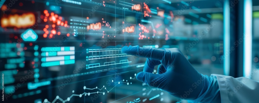 Fototapeta premium Holographic microbiome analysis, advanced biotechnological research, futuristic lab, digital interface