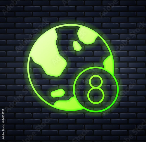 Glowing neon 8 March icon isolated on brick wall background. International Happy Women Day. Vector