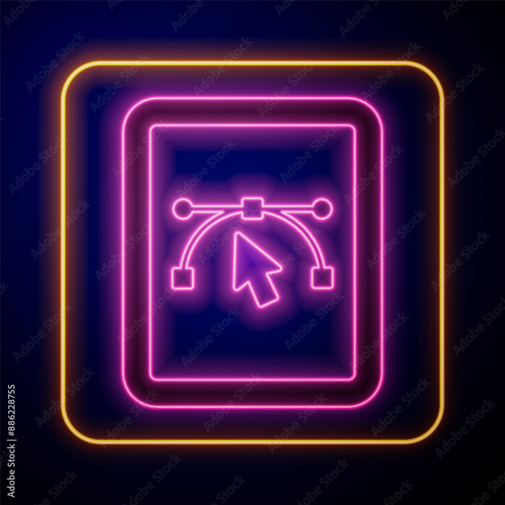 Glowing neon Computer display with vector design program icon isolated on isolated on black background. Photo editor software with user interface. Vector Glowing neon Computer display with vector design program icon isolated on isolated on black background. Photo editor software with user interface. Vector