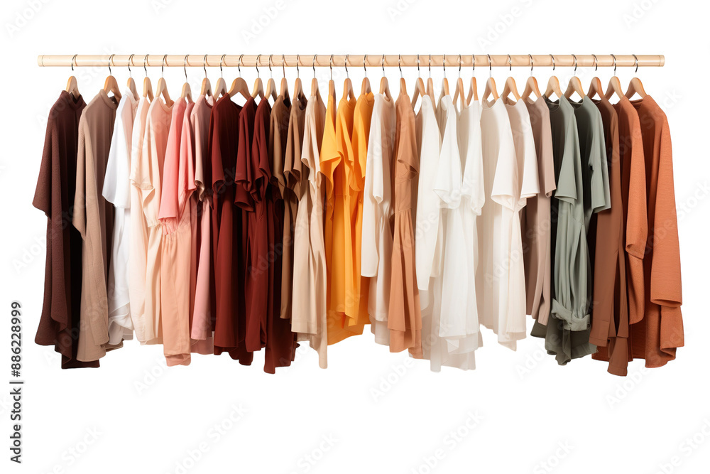 A Tapestry of Earthy Tones: A Row of Shirts Hangs Gently on a Wooden Rack on a White or Clear Surface PNG Transparent Background. A Tapestry of Earthy Tones: A Row of Shirts Hangs Gently on a Wooden Rack on a White or Clear Surface PNG Transparent Background.