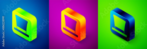 Isometric Cylinder hat icon isolated on blue, purple and green background. Square button. Vector