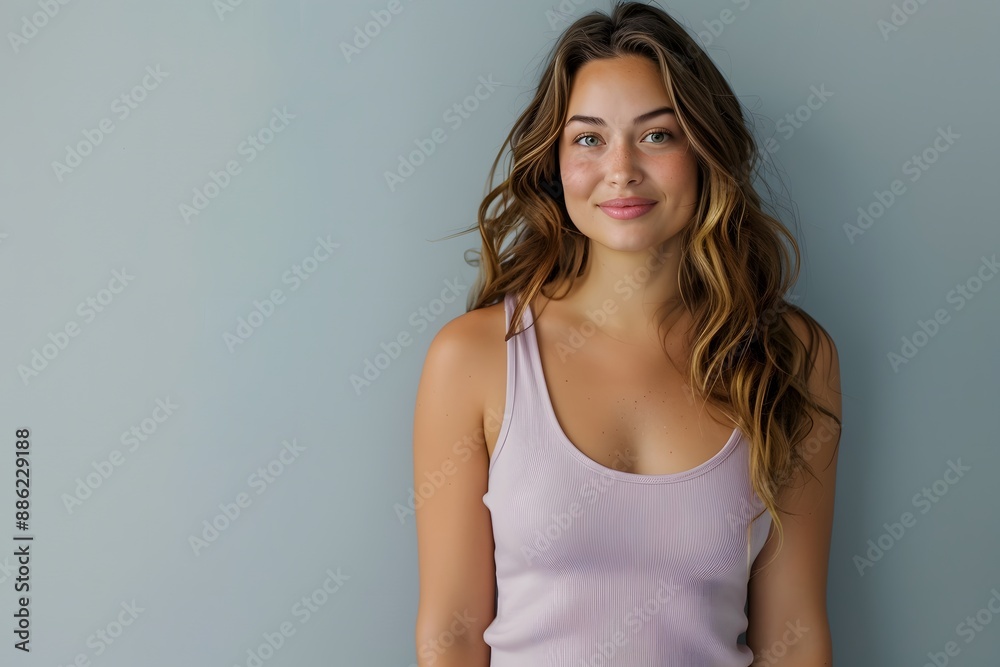 Smiling Woman in Casual Tank Top Against a Neutral Background Smiling Woman in Casual Tank Top Against a Neutral Background