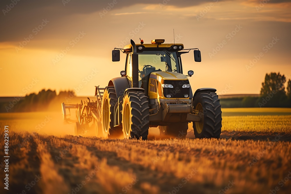 Naklejka premium Tractor working on the field at sunset. Tractor in the field.
