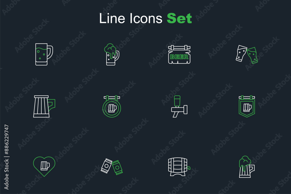 Set line Wooden beer mug, barrel on rack, Beer can, Heart with glass of, Street signboard, tap, and icon. Vector Set line Wooden beer mug, barrel on rack, Beer can, Heart with glass of, Street signboard, tap, and icon. Vector