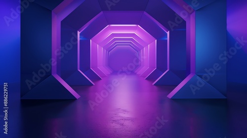 A minimalist dark blue hexagonal backdrop with a radiant violet center, highlighted by a smooth 3D rendering