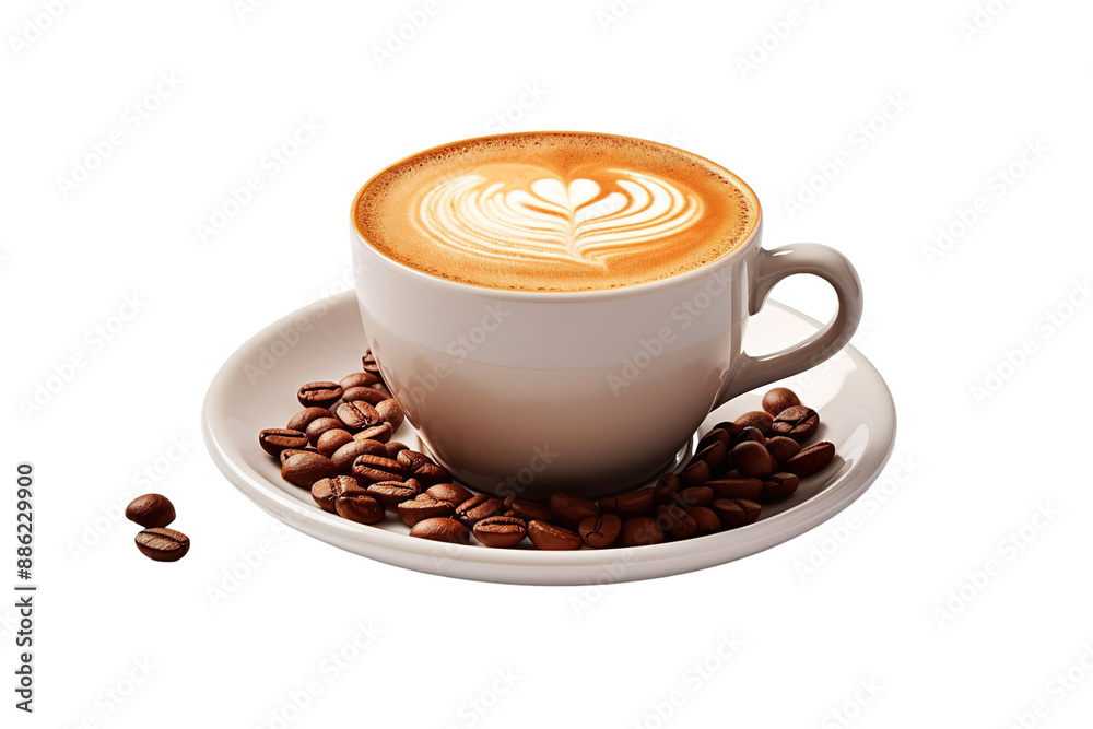 A Perfect Cup of Latte With a Heart-Shaped Design and a Scattering of Coffee Beans on a White or Clear Surface PNG Transparent Background. A Perfect Cup of Latte With a Heart-Shaped Design and a Scattering of Coffee Beans on a White or Clear Surface PNG Transparent Background.