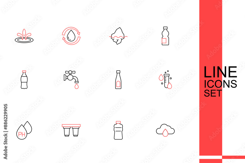 Set line Cloud with rain, Bottle of water, Water filter cartridge, drop, Test tube, tap and icon. Vector