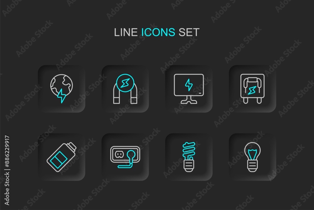 Set line Creative lamp light idea, LED bulb, Electrical outlet, Battery charge, panel, Smart Tv, Magnet and Global planet with thunderbolt icon. Vector Set line Creative lamp light idea, LED bulb, Electrical outlet, Battery charge, panel, Smart Tv, Magnet and Global planet with thunderbolt icon. Vector