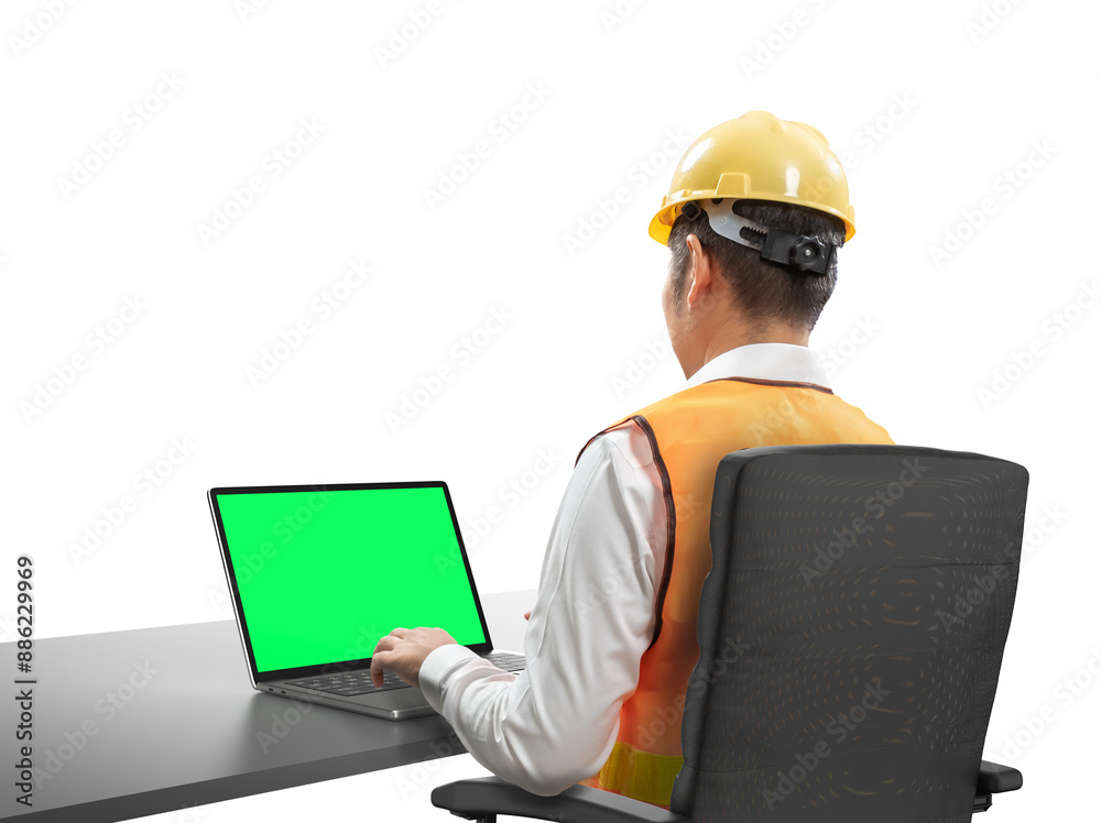 Asian engineer or technician with blank screen notebook isolated Asian engineer or technician with blank screen notebook isolated