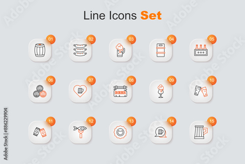 Set line Wooden beer mug, Bottle opener, Dried fish, Beer can, Glass of, and Street signboard with icon. Vector
