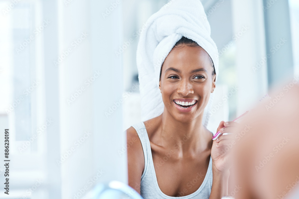 Mirror, smile and woman with toothbrush for dental, oral care and gum health for wellness at home. House, reflection and girl for fresh hygiene in bathroom, teeth whitening and prevention of cavity Mirror, smile and woman with toothbrush for dental, oral care and gum health for wellness at home. House, reflection and girl for fresh hygiene in bathroom, teeth whitening and prevention of cavity