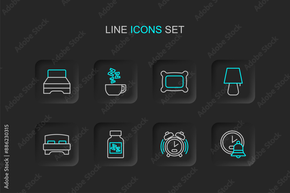 Set line Alarm clock, Sleeping pill, Big bed, Table lamp, Pillow, Chamomile tea and icon. Vector Set line Alarm clock, Sleeping pill, Big bed, Table lamp, Pillow, Chamomile tea and icon. Vector