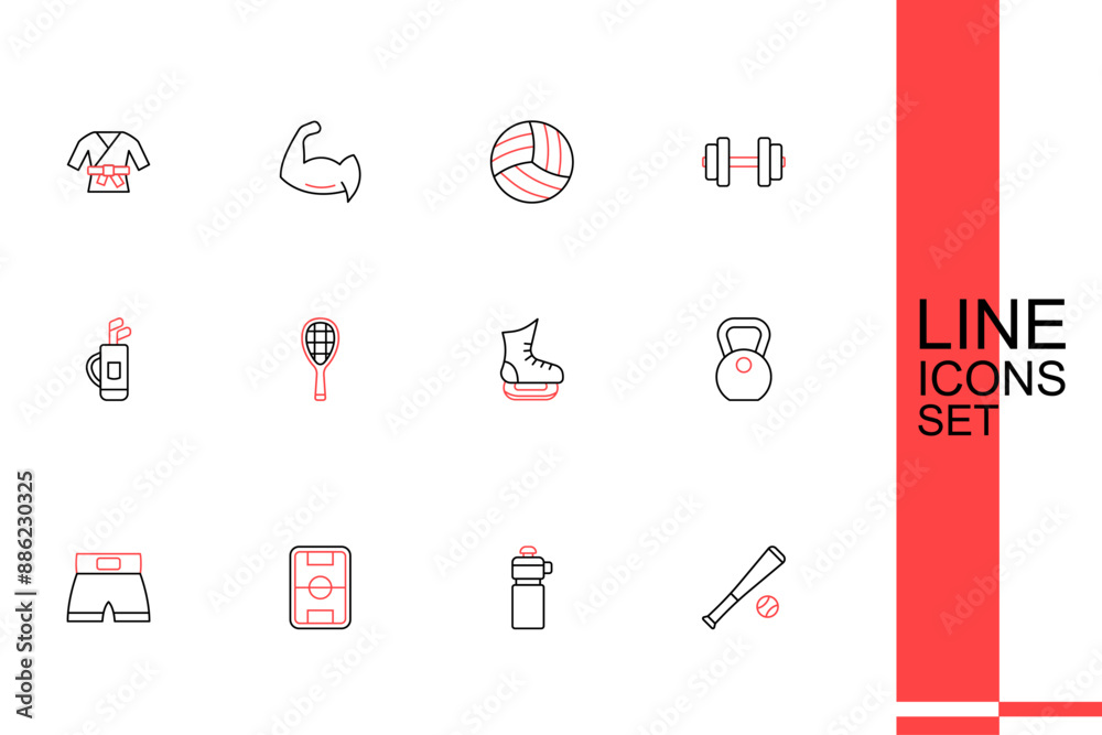 Set line Baseball bat with ball, Fitness shaker, Football field, Boxing short, Weight, Skates, Tennis racket and Golf bag clubs icon. Vector Set line Baseball bat with ball, Fitness shaker, Football field, Boxing short, Weight, Skates, Tennis racket and Golf bag clubs icon. Vector