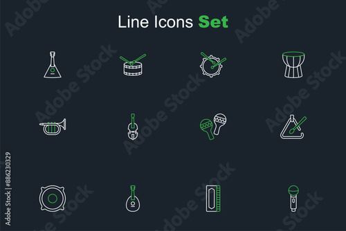 Set line Microphone, Harmonica, Mandolin, Stereo speaker, Triangle musical instrument, Maracas, Violin and Trumpet icon. Vector