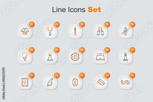 Set line Football shoes, Hockey puck, American, Whistle, field, Chess, Boxing short and Soccer football icon. Vector