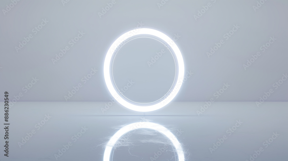 White glowing ring and its reflection in a gray, minimalistic room.