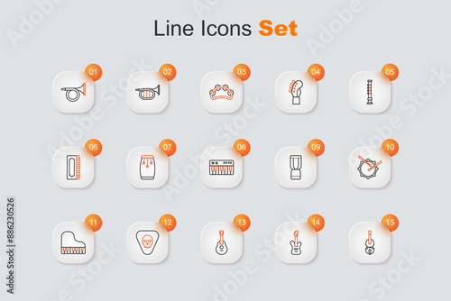 Set line Violin, Electric bass guitar, Guitar, pick, Grand piano, Drum with drum sticks, African djembe and Music synthesizer icon. Vector