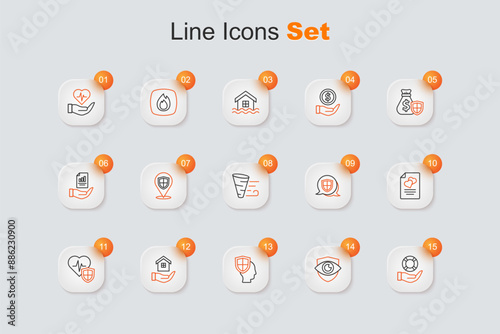 Set line Lifebuoy in hand, Shield eye, insurance with shield, House, Marriage contract, and Tornado icon. Vector