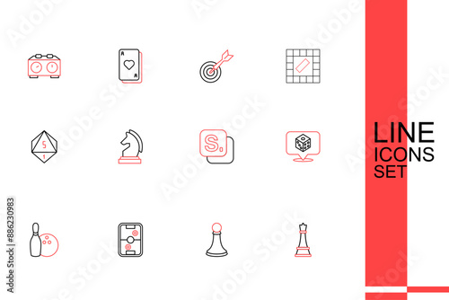 Set line Chess, pawn, Air hockey table, Bowling pin and ball, Game dice, Bingo, and icon. Vector
