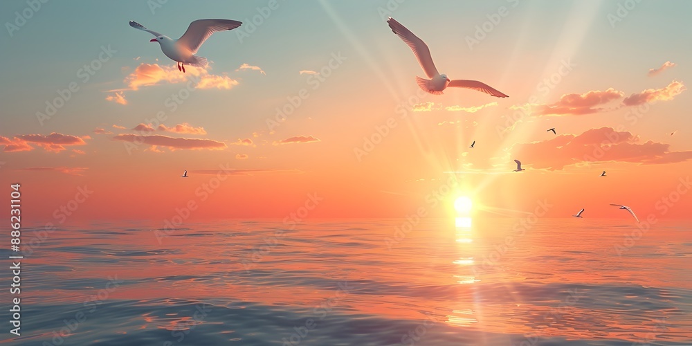 Fototapeta premium Tranquil sunset over the ocean with seagulls soaring through the warm glowing sky