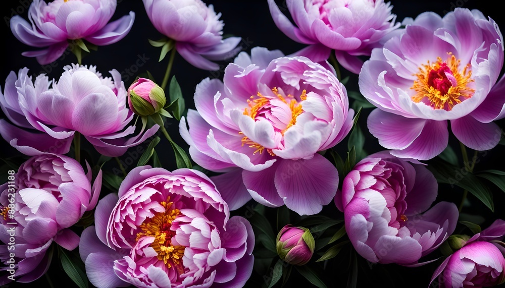 Isolate Peony Flowers On Black Background Isolate Peony Flowers On Black Background