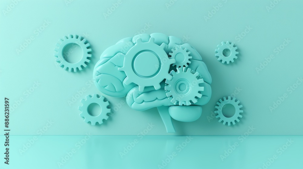 Turquoise Brain and Gears on Turquoise Background Concept of Thinking, Creativity, and Innovation. Turquoise Brain and Gears on Turquoise Background Concept of Thinking, Creativity, and Innovation.