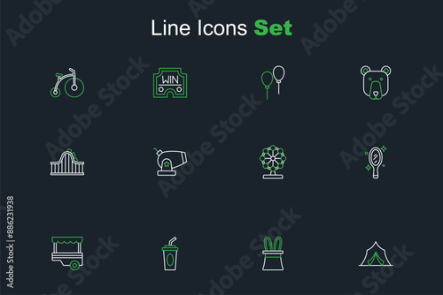 Set line Circus tent, Magician hat and rabbit ears, Paper glass with water, Fast street food cart, hand mirror, Ferris wheel, Cannon and Roller coaster icon. Vector