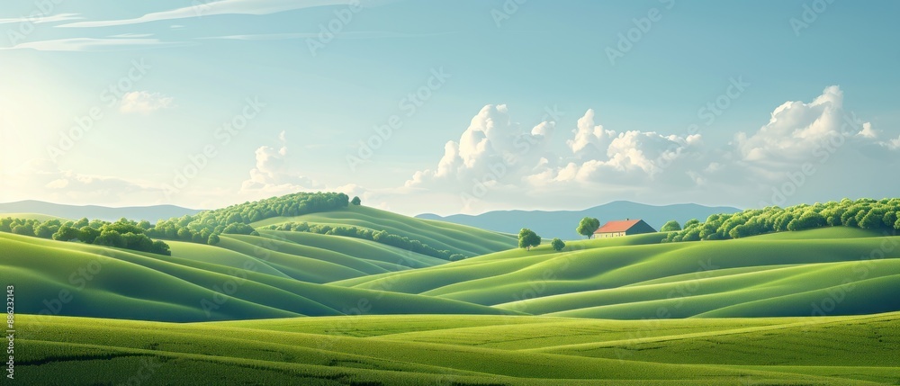 Flat design illustration of a serene countryside with rolling fields, a clear sky, and a farmhouse in the distance. The minimalist approach highlights the natural beauty while offering plenty of copy Flat design illustration of a serene countryside with rolling fields, a clear sky, and a farmhouse in the distance. The minimalist approach highlights the natural beauty while offering plenty of copy