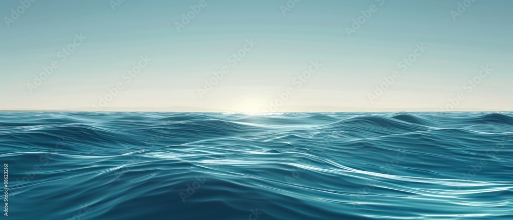 Minimalist flat design illustration of a calm ocean with gentle waves and a clear horizon. The clean lines and simple shapes create a peaceful atmosphere, with ample copy space for text or branding. Minimalist flat design illustration of a calm ocean with gentle waves and a clear horizon. The clean lines and simple shapes create a peaceful atmosphere, with ample copy space for text or branding.