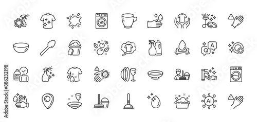 Cleaning service, Dish plate and Wash hands line icons pack. AI, Question and Answer, Map pin icons. Washing hands, Dryer machine, Dish web icon. Vector